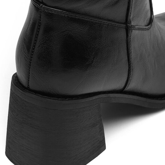 Women's Black Faux Leather Tall Block Heel Knee High Boots with Side Zipper and - Picture 7 of 7